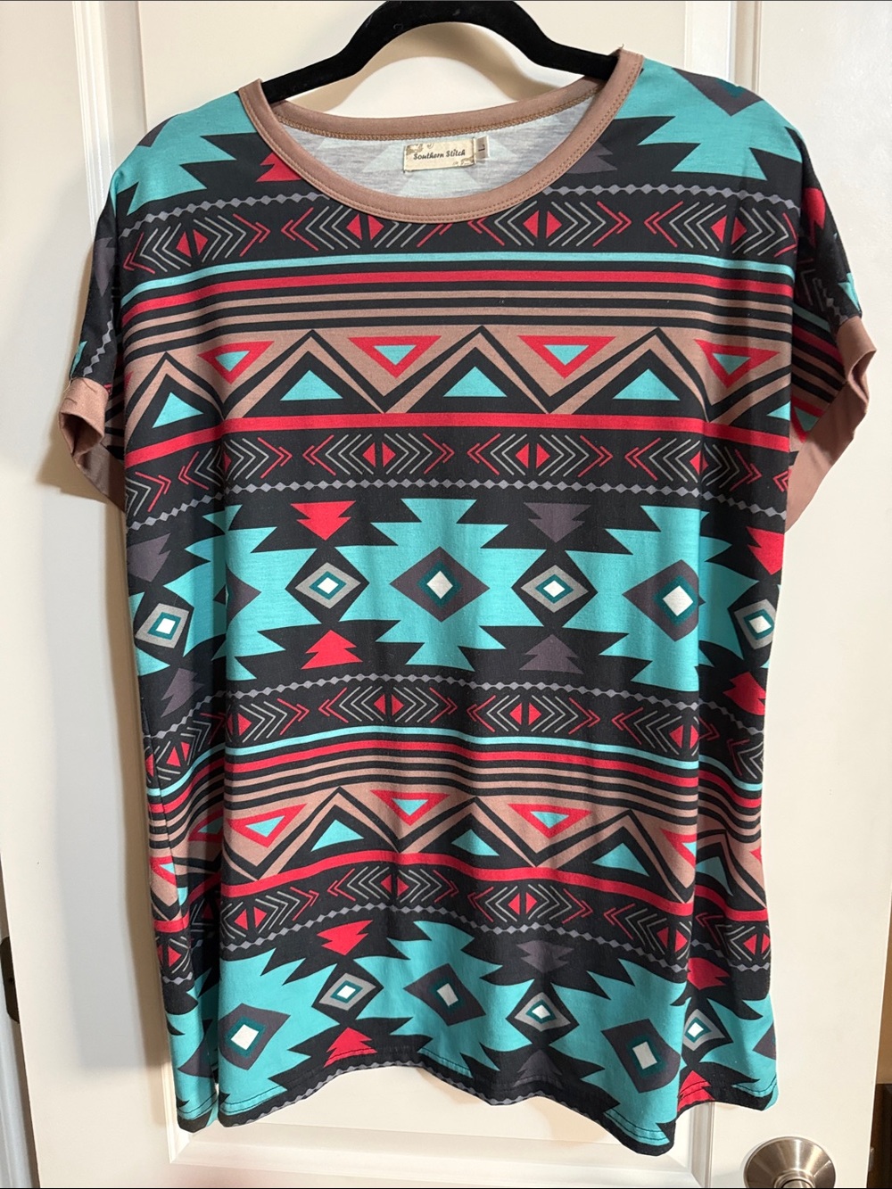 Aztec Print Short Sleeve Tee in Turquoise, Black, Brown & Red - Cotton Blend